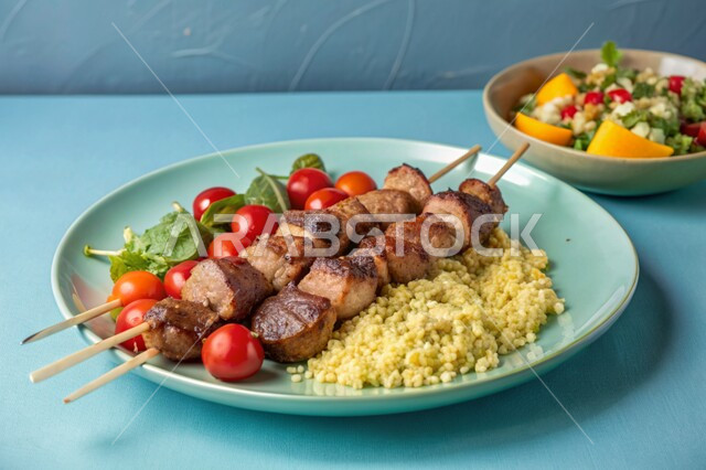 وصفات وأطباق المتميزة، قطع لحم الضأن المشوية المرتبة على طبق مع سلطة الكسكس الشهية، مطاعم للمأكولات الشرقية في المملكة العربية السعودية، وجبات اللحم الصحية والمغذية، خلفية زرقاء