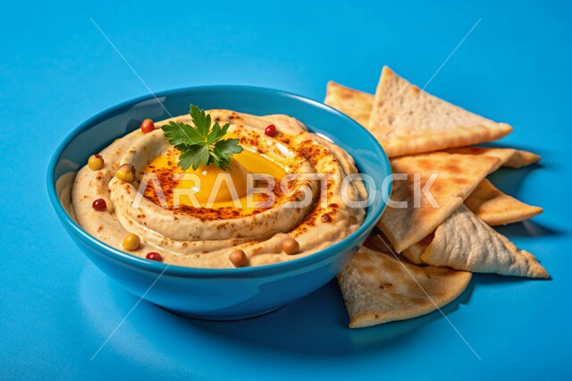 المقبلات النباتية الباردة اللذيذة، صورة مقربة لطبق من الحمص اللذيذ المزين بزيت الزيتون والفلفل الحلو مع خبز البيتا الطازج، مأكولات وأطباق شعبية تقليدية، وصفات طعام شرقية عربية سعودية، خلفية زرقاء