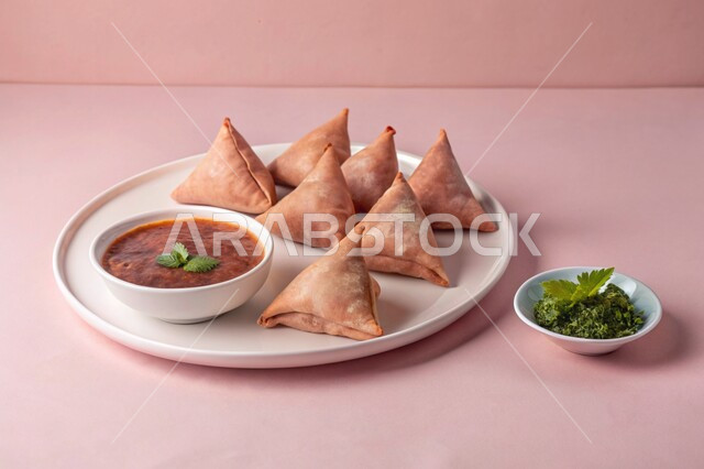 فطائر مقلية متنوعة الحشوات، مقبلات رمضانية شهية، أطباق رئيسية في سفرة إفطار شهر رمضان المبارك، وصفات المأكولات والأطعمة العربية الشرقية السعودية اللذيذة ، طبق من السمبوسك المقرمشة مع صلصة التمر هندي، خلفية وردية