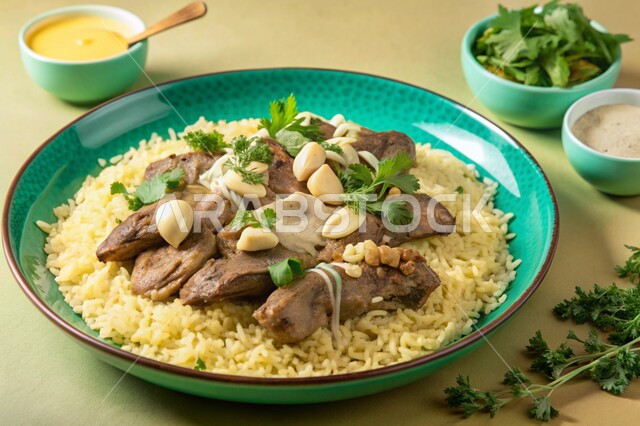 المطابخ والمطاعم في المملكة العربية السعودية، طبق من أرز المنسف مع لحوم الضأن المسلوقة وصلصة الجميد، أكلات شعبية تقليدية مشهورة، وجبات وأطعمة الشهية، وصفات المأكولات الشرقيه اللذيذة، خلفية بيج