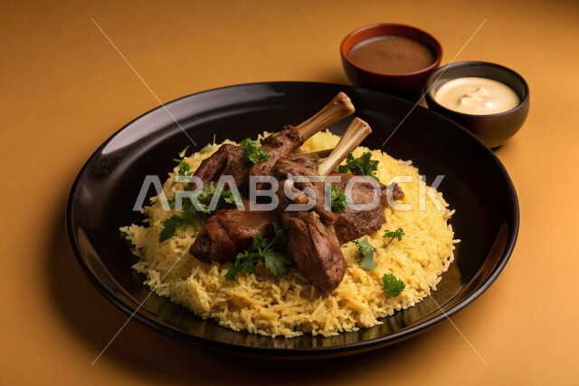 طبق من أرز المنسف مع لحوم الضأن المسلوقة وصلصة الجميد، المطابخ والمطاعم في المملكة العربية السعودية، أكلات شعبية تقليدية مشهورة، وجبات وأطعمة الشهية، وصفات المأكولات الشرقيه اللذيذة، خلفية بيج