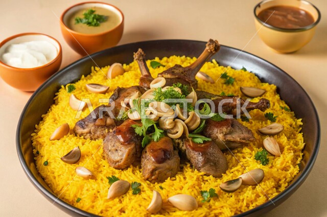 المطاعم والمطابخ في المملكة العربية السعودية، طبق من أرز المنسف مع لحوم الضأن المسلوقة وصلصة الجميد، أكلات شعبية تقليدية مشهورة، وجبات وأطعمة الشهية، وصفات المأكولات الشرقيه اللذيذة، خلفية بيج