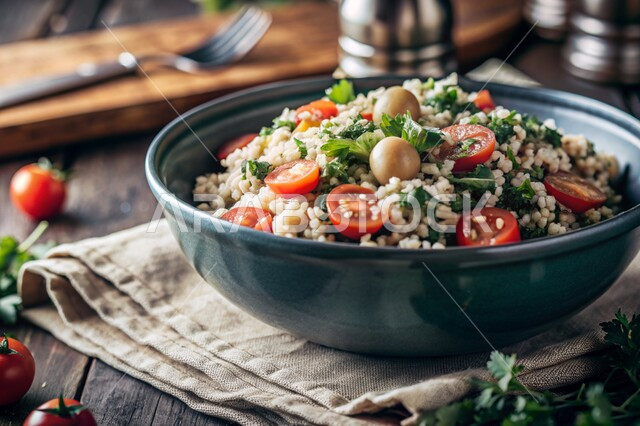 تقديم وجبات طعام صحية ومفيدة في المطاعم السعودية، حمية غذائية للمحافظة على اللياقة البدنية، أطعمة غنية بالفيتامينات، أطباق المقبلات العربية والمأكولات الشرقية، طبق التبولة مليء بالخضراوات الطازجة والبرغل