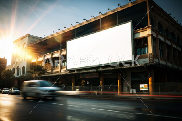 الأسواق الشعبية وقت غروب الشمس، اللوحات الإعلانية الحديثة المعلقة في الطرقات, الحركة المرورية للسيارات على الشوارع الاسفلتية المعبدة، لافتة بيضاء فارغة على مبنى في منطقة الدمام, إعلانات وعروض تسويقية في المملكة العربية السعودية
