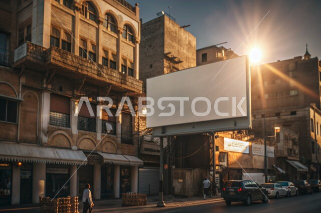 Modern billboards hanging on the roads, traffic movement of cars on paved asphalt roads, blank white sign on a building in Dammam area, advertisements and marketing offers in Saudi Arabia, popular markets at sunset