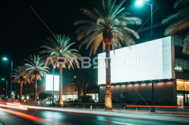 Blank white sign on a building in Dammam, interest in planting palm trees on the edges of paved asphalt streets, modern billboards hung on the roads, advertisements and marketing offers in the Kingdom of Saudi Arabia