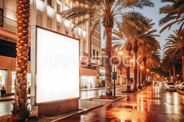 الاهتمام بزراعة أشجار النخيل على أطراف الشوارع الاسفلتية المعبدة، اللوحات الإعلانية الحديثة المعلقة في الطرقات, لافتة بيضاء فارغة على مبنى في منطقة الدمام, إعلانات وعروض تسويقية في المملكة العربية السعودية