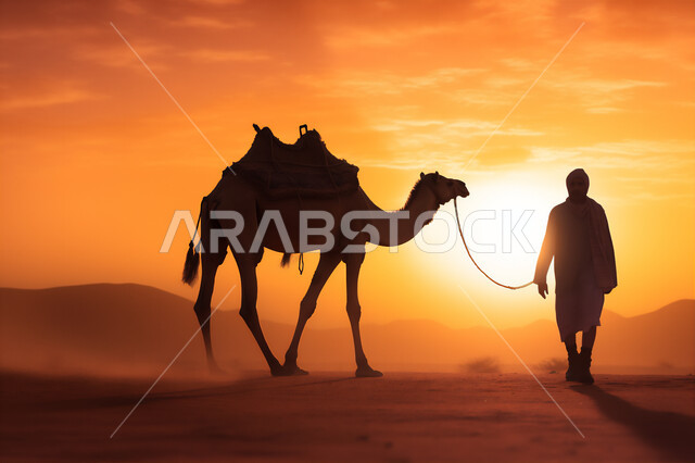 غروب الشمس على الكثبان الرملية في المناطق الصحراوية، تربية الجمال والإبل، الاهتمام برعاية المواشي والثدييات، حيوانات التنقل والسفر في القدم، صورة ظلية لرجل عربي خليجي سعودي يسير مع حيوان الجمل في الصحراء، سيلويت