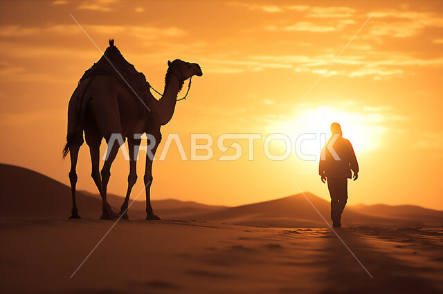  تربية الجمال والإبل، الاهتمام برعاية المواشي والثدييات، حيوانات التنقل والسفر في القدم، منظر غروب الشمس على الكثبان الرملية في المناطق الصحراوية، صورة ظلية لرجل عربي خليجي سعودي يسير مع حيوان الجمل في الصحراء، سيلويت