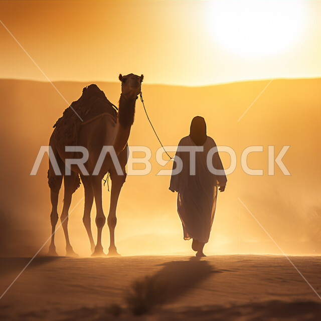 الاهتمام في تربية الجمال والإبل، منظر غروب الشمس على الكثبان الرملية في المناطق الصحراوية، مفهوم رعاية المواشي والثدييات، حيوانات التنقل والسفر في القدم، صورة ظلية لرجل عربي خليجي سعودي يسير مع حيوان الجمل في الصحراء، سيلويت