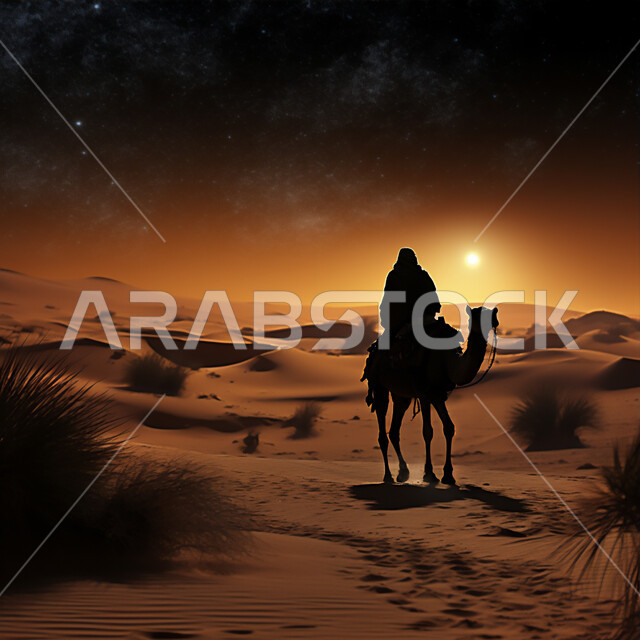 مفهوم تربية الجمال والإبل، الاهتمام برعاية المواشي والثدييات، الكثبان الرملية والهضاب وقت غروب الشمس في المناطق الصحراوية، حيوانات التنقل والسفر في القدم، صورة ظلية لرجل عربي خليجي سعودي يسير مع حيوان الجمل في الصحراء، سيلويت