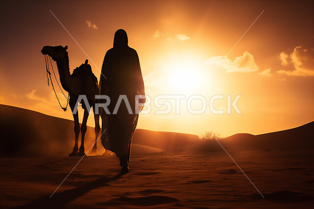 الكثبان الرملية والهضاب وقت غروب الشمس في المناطق الصحراوية، تربية الجمال والإبل، الاهتمام برعاية المواشي والثدييات، حيوانات التنقل والسفر في القدم، صورة ظلية لرجل عربي خليجي سعودي يسير مع حيوان الجمل في الصحراء، سيلويت