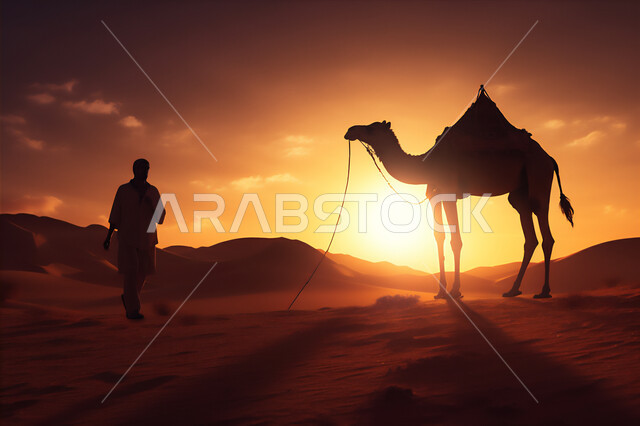 الهضاب والكثبان الرملية وقت غروب الشمس في المناطق الصحراوية، تربية الجمال والإبل، الاهتمام برعاية المواشي والثدييات، حيوانات التنقل والسفر في القدم، صورة ظلية لرجل عربي خليجي سعودي يسير مع حيوان الجمل في الصحراء، سيلويت