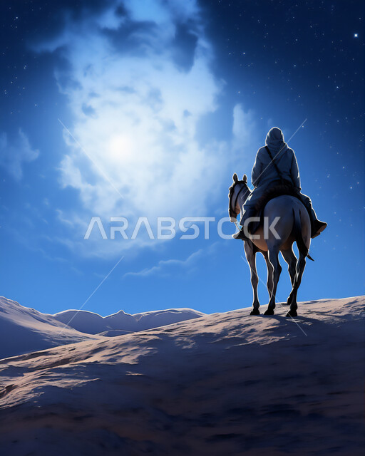 الصحراء العربيه في وقت الليل، رعايه وتربيه المواشي, المواصلات ووسائل النقل القديمة، ضوء القمر في السماء، صورة ظلية لراعي عربي خليجي سعودي يمتطي الجمل فوق الرمال الذهبية الناعمه، مفهوم السفرعلى حيوان الابل في المملكة العربية السعودية، سالوييت