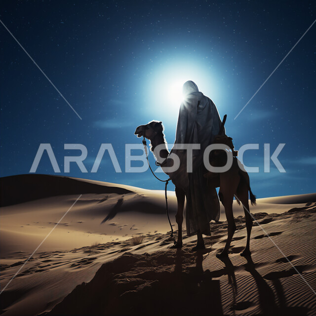 رعايه وتربيه المواشي, المواصلات ووسائل النقل القديمة، ضوء القمر في السماء، صورة ظلية لراعي عربي خليجي سعودي يمتطي الجمل فوق الرمال الذهبية الناعمه، الصحراء العربيه في وقت الليل، مفهوم السفرعلى حيوان الابل في المملكة العربية السعودية، سالوييت
