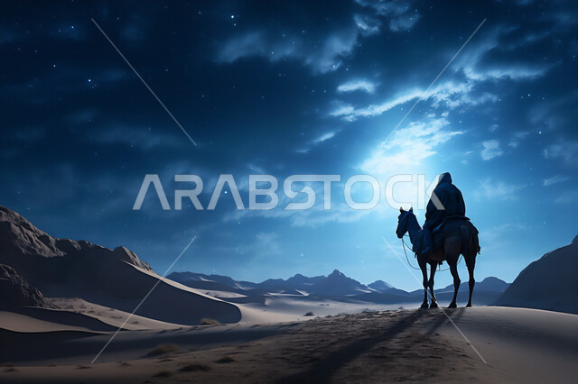 المواصلات ووسائل النقل القديمة، ضوء القمر في السماء، تربيه ورعايه المواشي, صورة ظلية لراعي عربي خليجي سعودي يمتطي الجمل فوق الرمال الذهبية الناعمه، الصحراء العربيه في وقت الليل، مفهوم السفرعلى حيوان الابل في المملكة العربية السعودية، سالوييت