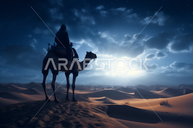 وسائل النقل والمواصلات القديمة، ضوء القمر في السماء، تربيه ورعايه المواشي, صورة ظلية لراعي عربي خليجي سعودي يمتطي الجمل فوق الرمال الذهبية الناعمه، الصحراء العربيه في وقت الليل، مفهوم السفرعلى حيوان الابل في المملكة العربية السعودية، سالوييت