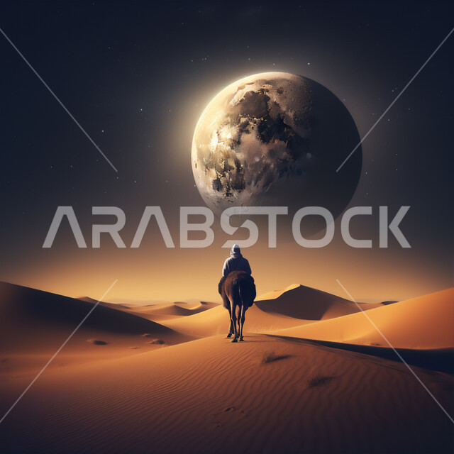 الصحراء العربيه في وقت الليل، تربيه ورعايه المواشي, وسائل النقل والمواصلات القديمة، ضوء القمر في السماء، التنقل على حيوان الابل في المملكة العربية السعودية، صورة ظلية لراعي عربي خليجي سعودي يمتطي الجمل فوق الرمال الذهبية الناعمه، سالوييت