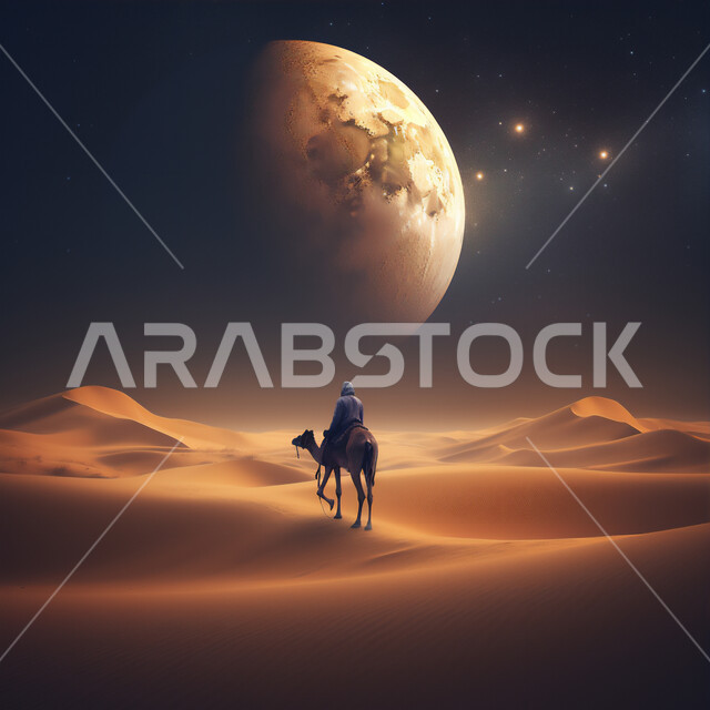 تربيه ورعايه المواشي, وسائل النقل والمواصلات القديمة، ضوء القمر في السماء، التنقل على حيوان الابل في المملكة العربية السعودية، الصحراء العربيه في وقت الليل، صورة ظلية لراعي عربي خليجي سعودي يمتطي الجمل فوق الرمال الذهبية الناعمه، سالوييت