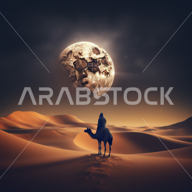 رعايه وتربيه المواشي, وسائل النقل والمواصلات القديمة، ضوء القمر في السماء، التنقل على حيوان الابل في المملكة العربية السعودية، الصحراء العربيه في وقت الليل، صورة ظلية لراعي عربي خليجي سعودي يمتطي الجمل فوق الرمال الذهبية الناعمه، سالوييت