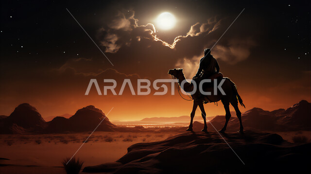 وسائل النقل والمواصلات القديمة، ضوء القمر في السماء، التنقل على حيوان الابل في المملكة العربية السعودية، الصحراء العربيه في وقت الليل، رعايه وتربيه المواشي, صورة ظلية لراعي عربي خليجي سعودي يمتطي الجمل فوق الرمال الذهبية الناعمه، سالوييت