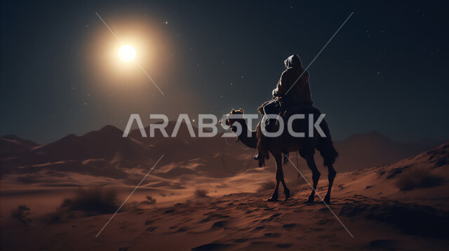 Transportation and ancient means of transportation, moonlight in the sky, camel travel in Saudi Arabia, Arabian desert at night, livestock herding, silhouette of a Saudi Arabian Gulf shepherd riding a camel on soft golden sand, Salouet