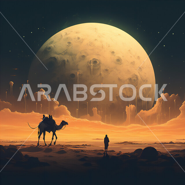 ضوء القمر في السماء، التنقل على حيوان الابل في المملكة العربية السعودية، الصحراء العربيه في وقت الليل، رعايه وتربيه المواشي, المواصلات ووسائل النقل القديمة، صورة ظلية لراعي عربي خليجي سعودي يسير مع جمل فوق الرمال الذهبية الناعمه، سالوييت