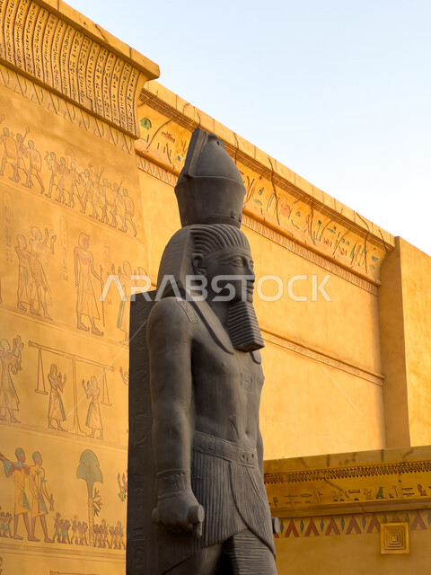 Stone carvings and statues, historical monuments and landmarks in the Egyptian section of Boulevard World in Riyadh, discovering civilizations and cultures around the world, attractions and attractions for tourists in the Kingdom of Saudi Arabia