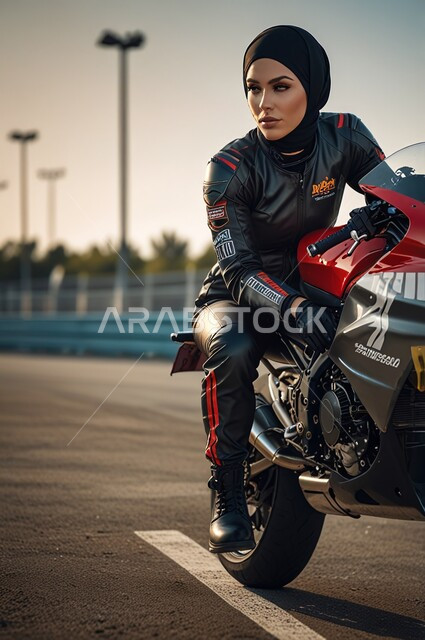 Fast bike riding hobby, a young Saudi Arabian Gulf woman wearing sportswear riding a motorcycle, recreational activities and exciting challenges, strength, seriousness and self-confidence