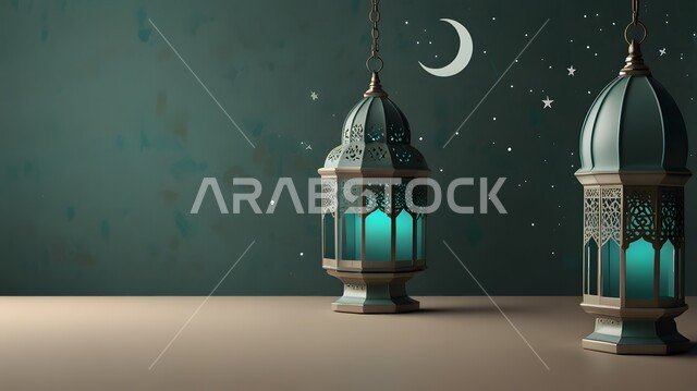 تحف واكسسوارات شهر رمضان المبارك، أنوار و زينة الاعياد والمناسبات الدينية, هلال شهر الخير والبركة , رسوم توضيحية لفوانيس عربيه معدنيه مزخرفه معلقة, الاحتفال بقدوم الشهر الفضيل، أجواء روحانية رمضانية