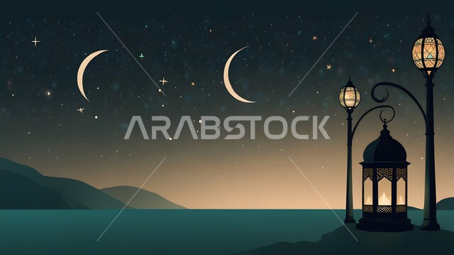 تحف واكسسوارات شهر رمضان المبارك، أنوار و زينة الاعياد والمناسبات الدينية, هلال شهر الخير والبركة , رسوم توضيحية لفوانيس عربيه معدنيه مزخرفه معلقة, الاحتفال بقدوم الشهر الفضيل، أجواء روحانية رمضانية