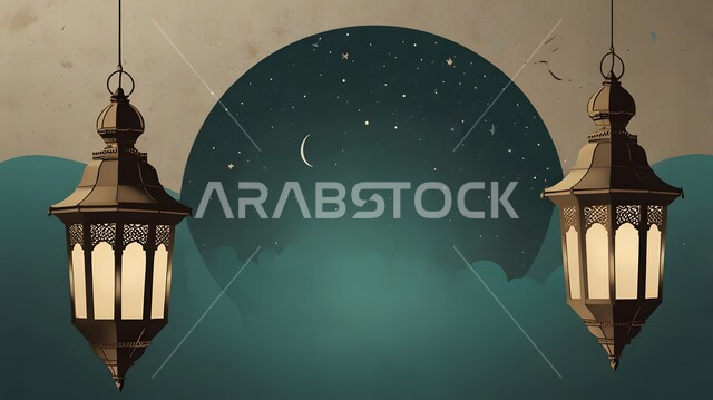 تحف واكسسوارات شهر رمضان المبارك، أنوار و زينة الاعياد والمناسبات الدينية, هلال شهر الخير والبركة , رسوم توضيحية لفوانيس عربيه معدنيه مزخرفه معلقة, الاحتفال بقدوم الشهر الفضيل، أجواء روحانية رمضانية