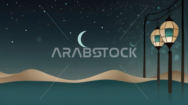 تحف واكسسوارات شهر رمضان المبارك، أنوار و زينة الاعياد والمناسبات الدينية, هلال شهر الخير والبركة , رسوم توضيحية لأعمدة تحمل فوانيس عربيه معدنيه, الاحتفال بقدوم الشهر الفضيل، أجواء روحانية رمضانية