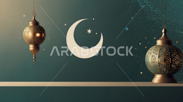 الاحتفال بقدوم الشهر الفضيل، تحف واكسسوارات شهر رمضان المبارك، أنوار و زينة الاعياد والمناسبات الدينية, هلال شهر الخير والبركة باللون الذهبي, رسوم توضيحية لفوانيس عربيه معدنيه مزخرفه معلقة, أجواء روحانية رمضانية