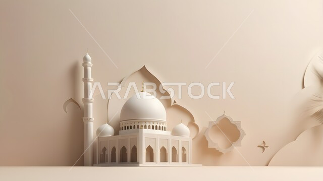 العبادة والتقرب الى الله تعالى, الديكورات العصرية على الطراز الحديث لبناء المساجد, مجسم ثلاثي الابعاد لجامع باللون الأبيض, أجواء روحانية إسلامية, المعالم الإسلامية المقدسة، مقصد المسلمين لأداء الصلوات، خلفية بيضاء