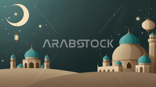 Modern decorations and designs for minarets and domes, illustrations of an ancient mosque at night time, Islamic religious places and landmarks, modern architectural art for mosques, worship and getting closer to God Almighty.