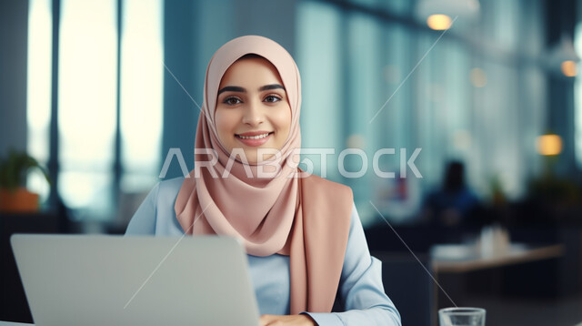 استخدام الأجهزة التكنولوجية الحديثة والمتطورة، إدارة شؤون الأعمال وتنظيمها، صورة لسيدة عربية خليجية سعودية مبتسمة تقوم بالعمل على الحاسوب داخل المكتب، العمل لتحقيق الاهداف والاستراتيجيات، مهن ووظائف ادارية مكتبية