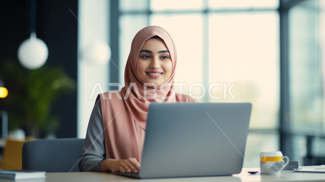 Using modern and advanced technological devices, managing and organizing business affairs, a picture of a smiling Saudi Arabian Gulf woman working on a computer inside the office, working to achieve goals and strategies, office administrative professions and jobs