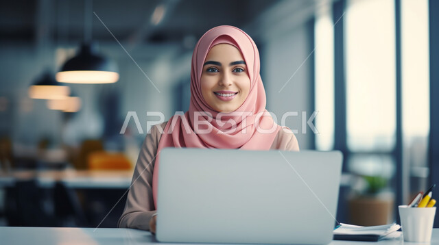 العمل لتحقيق الاهداف والاستراتيجيات، مهن ووظائف ادارية مكتبية, استخدام الأجهزة التكنولوجية الحديثة والمتطورة، إدارة شؤون الأعمال وتنظيمها، صورة لسيدة عربية خليجية سعودية مبتسمة تقوم بالعمل على الحاسوب داخل المكتب
