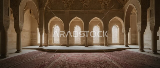 مسجد عربي خليجي في الإمارات العربية المتحدة بديكورات وتصاميم بزخرفة على الطراز العربي  الإسلامي, الديكورات والتصاميم الداخلية العريقة, إضاءة خافتة تجلب السكينة والروحانية, نمط عربي للعمارة العربية الإسلامية, صورة ملونة.