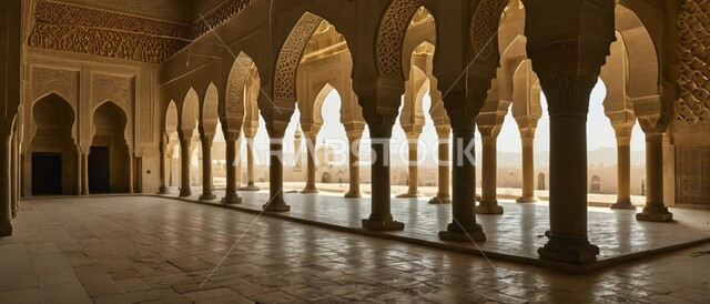 زخارف عربية لمسجد عربي خليجي في الإمارات العربية المتحدة, ديكورات وتصاميم بزخرفة على الطراز العربي  الإسلامي, الديكورات والتصاميم الداخلية العريقة, إضاءة خافتة تجلب السكينة والروحانية, نمط عربي للعمارة العربية الإسلامية, صورة ملونة.