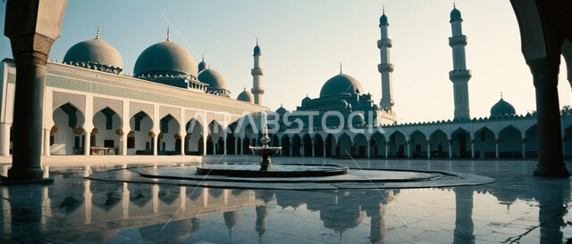 صورة لبركة ماء امام مسجد، الفن الهندسي المعماري وتصاميم الاعمدة الخارجية على الطراز العربي الاسلامي، العبادة والتقرب الى الله, الاهتمام بالمناظر العامة المحيطة بالمساجد