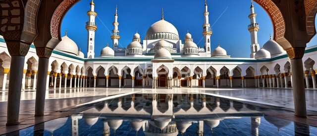 صورة لبركة ماء امام مسجد، الفن الهندسي المعماري وتصاميم الاعمدة الخارجية على الطراز العربي الاسلامي، العبادة والتقرب الى الله, الاهتمام بالمناظر العامة المحيطة بالمساجد