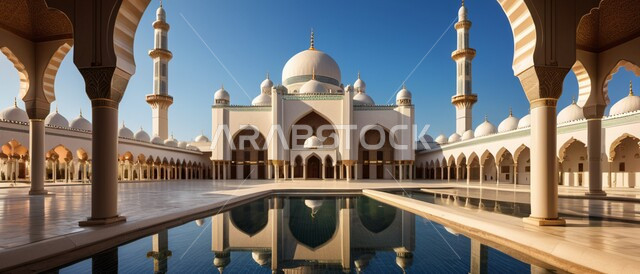 A picture of a water pool in front of a mosque, architectural engineering art and designs of external columns in the Arab-Islamic style, worship and getting closer to God, attention to the general landscape surrounding mosques.