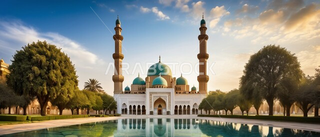 صورة لبركة ماء امام مسجد، الفن الهندسي المعماري وتصاميم الاعمدة الخارجية على الطراز العربي الاسلامي، العبادة والتقرب الى الله, الاهتمام بالمناظر العامة المحيطة بالمساجد