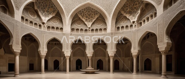 The Islamic style of a Gulf Arab mosque in the United Arab Emirates, decorations and designs with ornament in the Arab Islamic style, ancient interior decorations and designs, dim lighting that brings tranquility and spirituality, an Arab style of Arab Islamic architecture, a color picture.