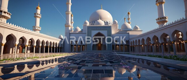 المآذن والقبب المزخرفة، ديكورات وتصاميم اسلامية، صورة لتصميم مسجد اسلامي باللون الأبيض، الفن الهندسي المعماري على الطراز العربي العريق، اماكن للعبادة والطاعه والتقرب الى الله،