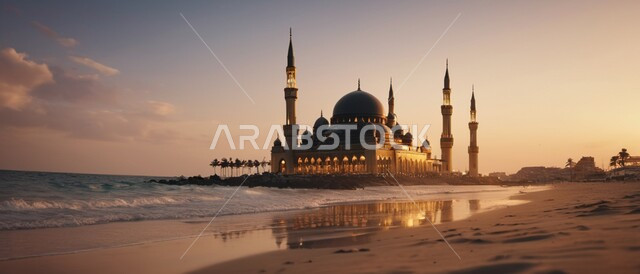 الفن الهندسي المعماري المتميز لمسجد بجانب الشاطئ، ديكورات وتصاميم على الطراز الإسلامي، العبادة والتقرب إلى الله، آداء الفرائض والصلوات، القبب والمآذن الفاخرة،