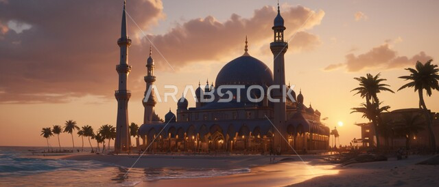 مكان العبادة والتقرب الى الله, الفن الهندسي المعماري المتميز لمسجد بجانب الشاطئ، ديكورات وتصاميم على الطراز الإسلامي، آداء الفرائض والصلوات، القبب والمآذن الفاخرة،