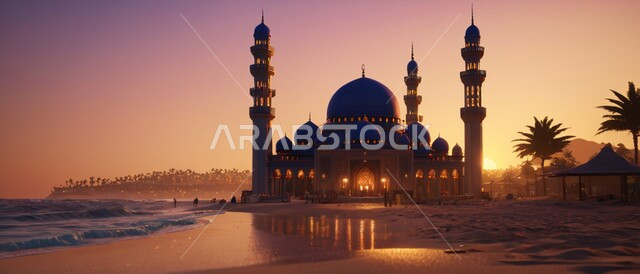 مكان العبادة والتقرب الى الله, الفن الهندسي المعماري المتميز لمسجد بجانب الشاطئ، ديكورات وتصاميم على الطراز الإسلامي، آداء الفرائض والصلوات، القبب والمآذن الفاخرة،